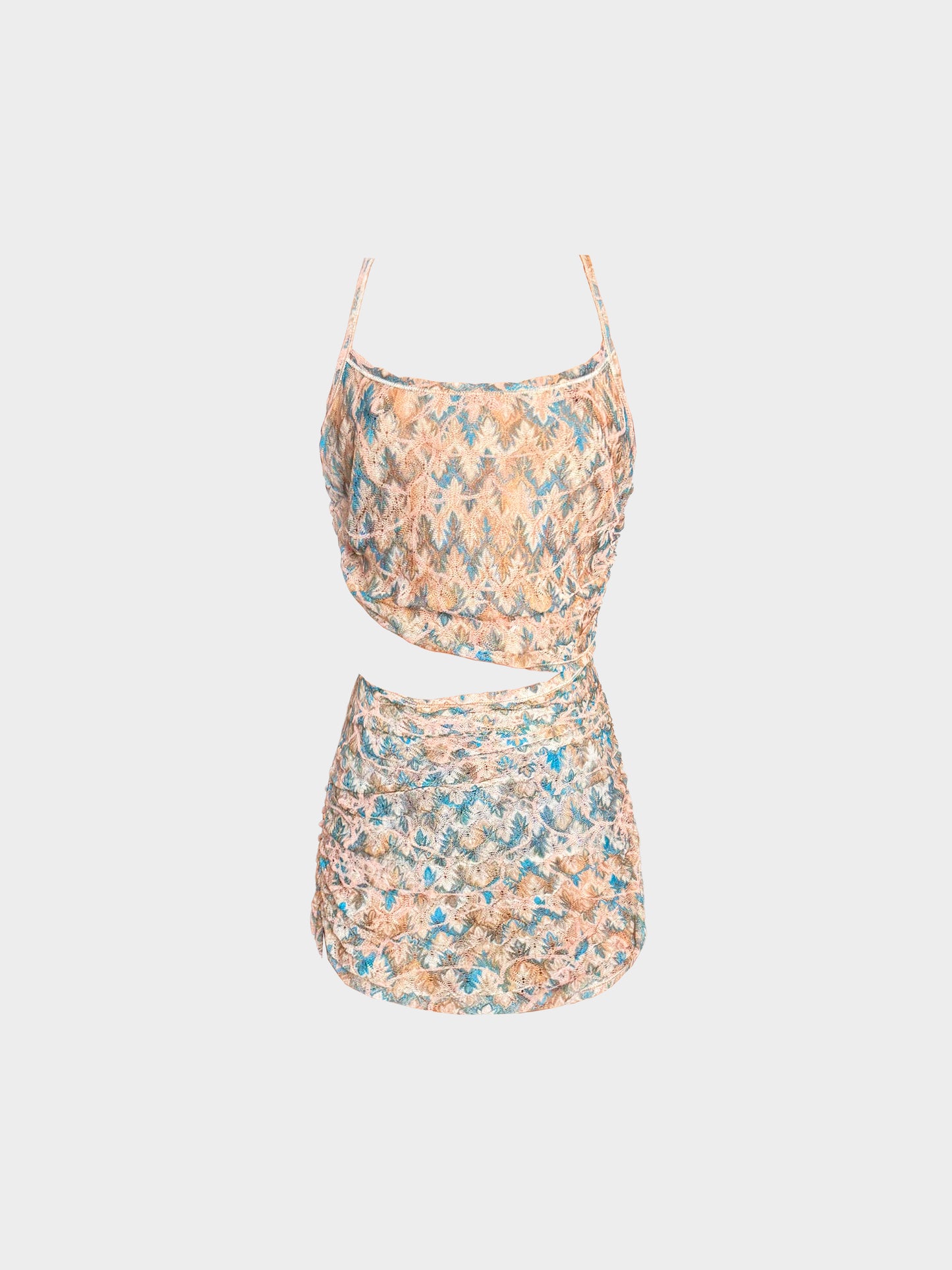 Missoni 2000s Multicolored Leaf Pattern Knitted Mini Dress with Midriff Cutout
