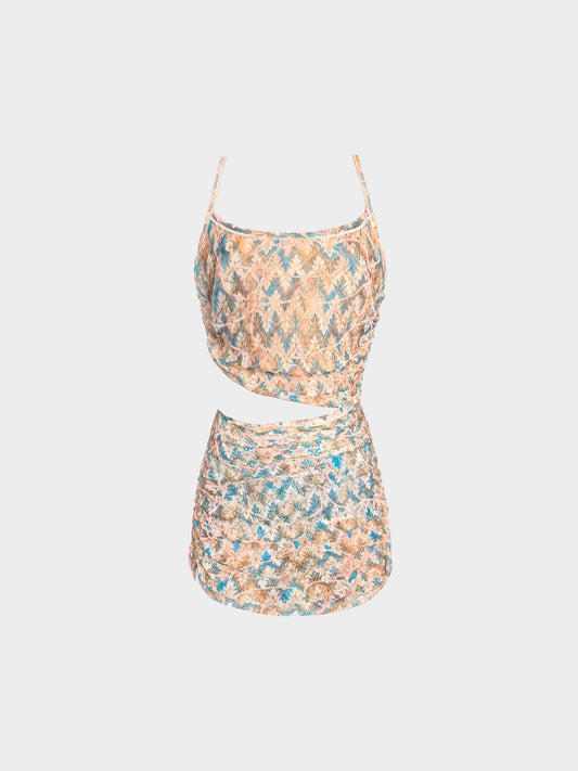Missoni 2000s Multicolored Leaf Pattern Knitted Mini Dress with Midriff Cutout