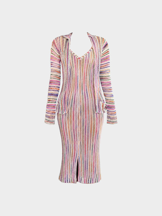 Missoni 2000s Multicolor Stripe Print Knitted Dress and Cardigan Set