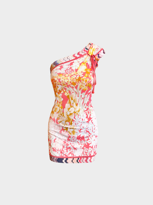 Missoni 2000s Multicolor Floral and Stipe Printed Asymmetrical One-shoulder Mini Dress