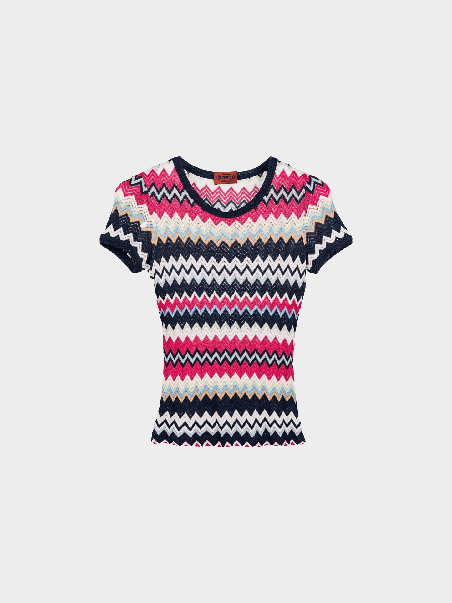 Missoni 2000s Pink and Navy Chevron Knit T-Shirt