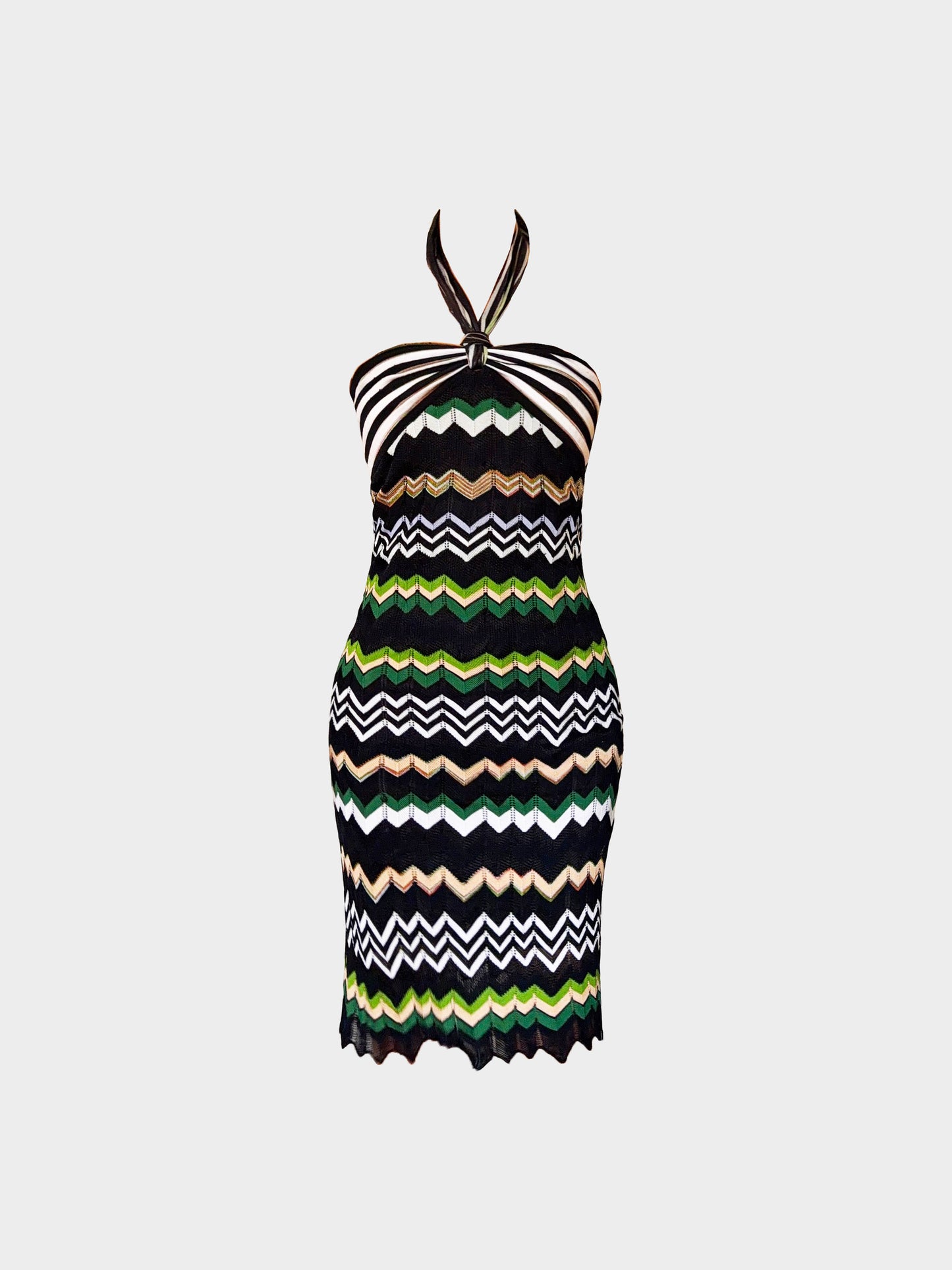 Missoni 2000s Multicolor Zigzag and Stripe Print Knitted Halter Dress