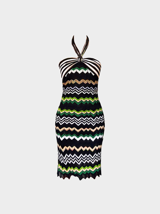 Missoni 2000s Multicolor Zigzag and Stripe Print Knitted Halter Dress
