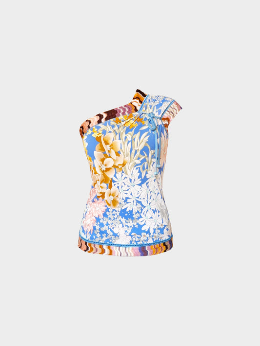 Missoni 2000s Multicolor Floral and Stipe Printed Asymmetrical One-shoulder Top