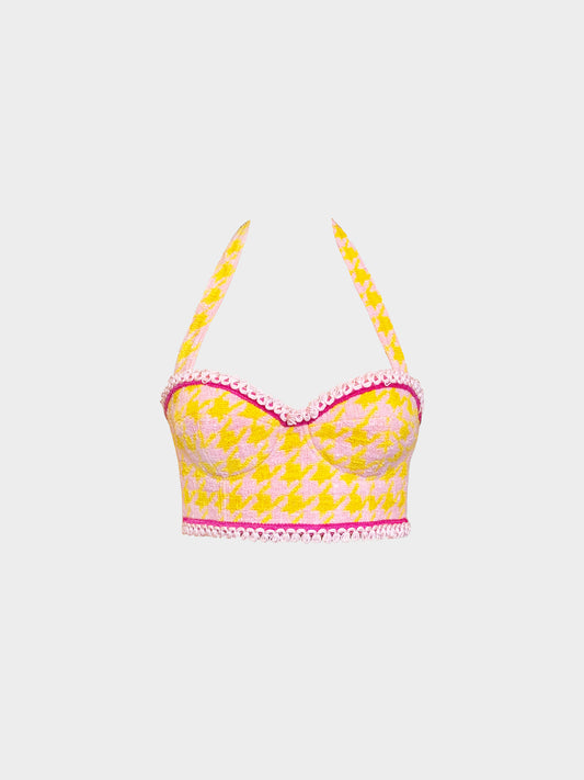 Moschino SS 2022 Couture Pink and Yellow Houndstooth Bralette Top