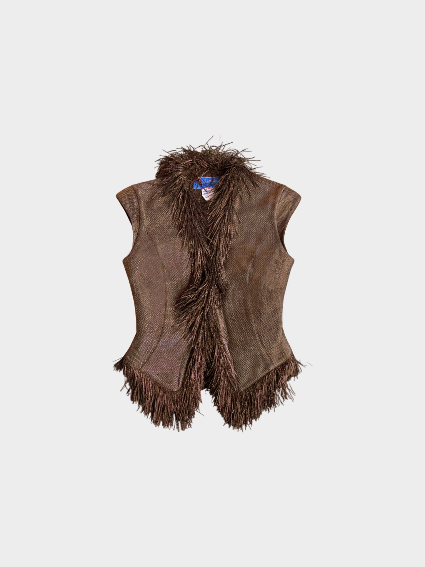 Thierry Mugler SS 2001 Brown Woven Raffia Fringed Vest
