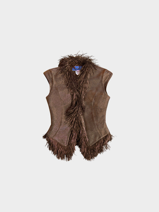 Thierry Mugler SS 2001 Brown Woven Raffia Fringed Vest