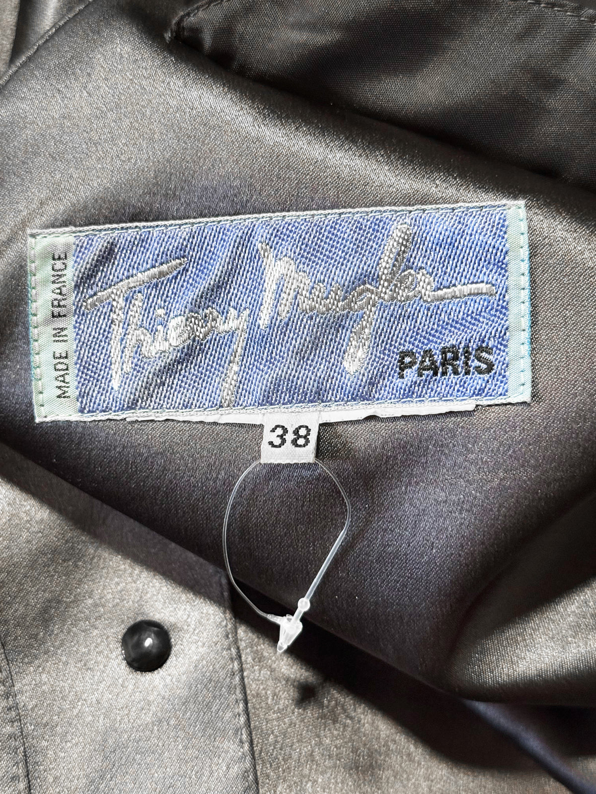 Thierry Mugler 2000s Grey Satin Acetate Peplum Jacket and Skirt Set