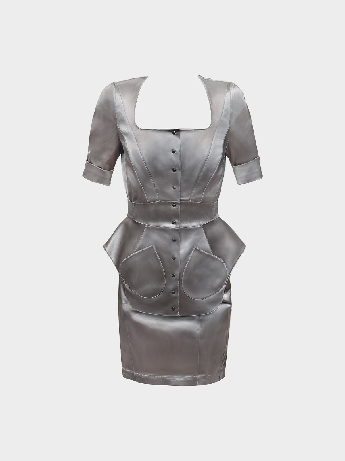 Thierry Mugler 2000s Grey Satin Acetate Peplum Jacket and Skirt Set