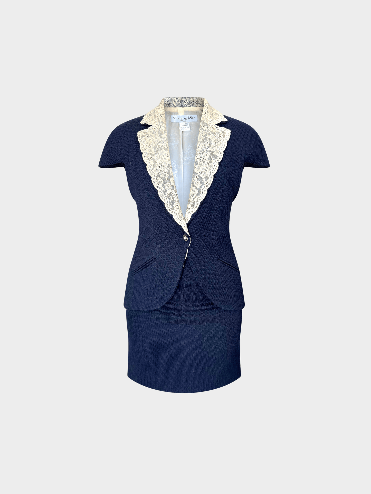 Christian Dior SS 1998 by John Galliano Navy Lace Collar Skirt Suit