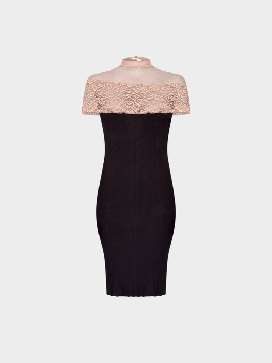 Jean Paul Gaultier 1990s Black Ribbed Knit and Nude Lace Dress