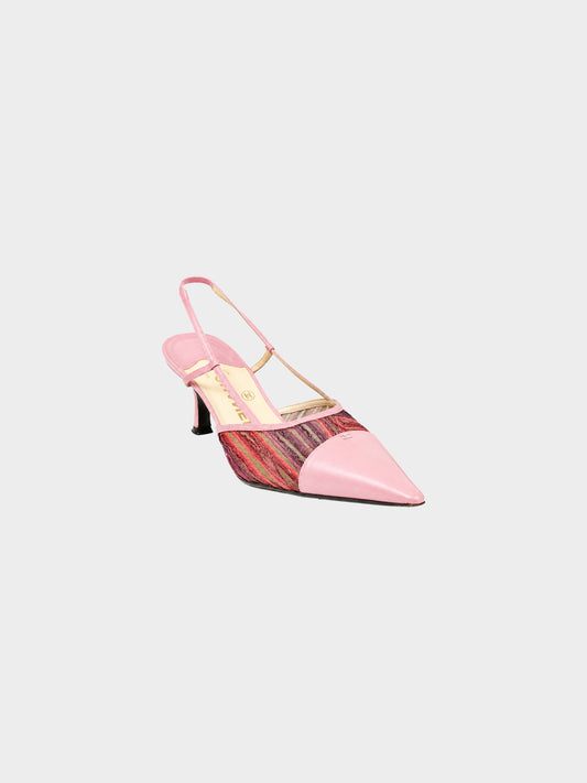 Chanel 2000s Pink Leather Ribbon Mesh Sling Back Heels