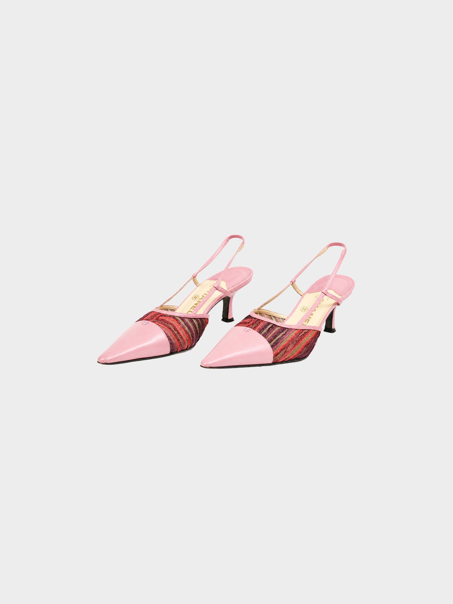 Chanel 2000s Pink Leather Ribbon Mesh Sling Back Heels