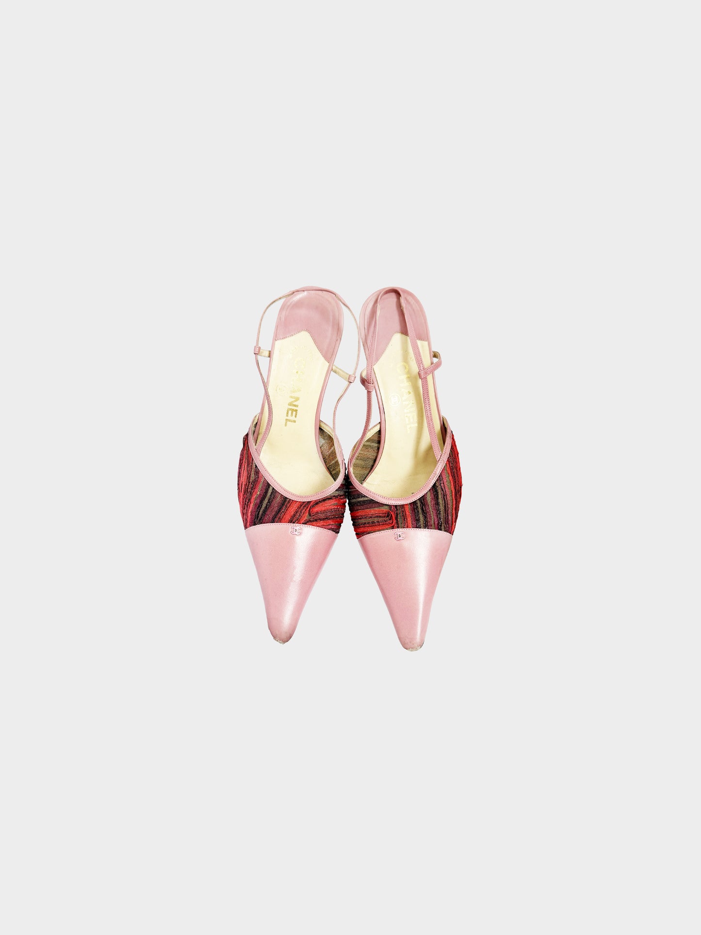 Chanel 2000s Pink Leather Ribbon Mesh Sling Back Heels