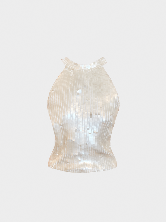 Plein Sud 2000s White Sequin Halter Neck Top