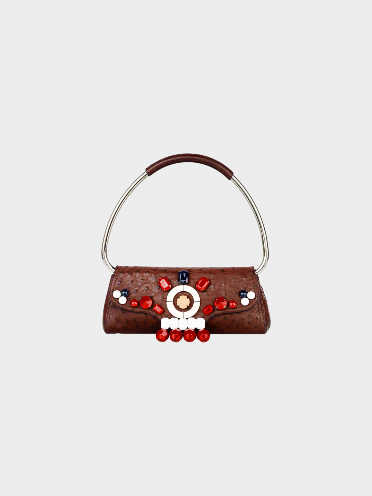 Prada SS 2003 Archival Piece Brown Ostrich Leather Jewel Embellished Swing Bag