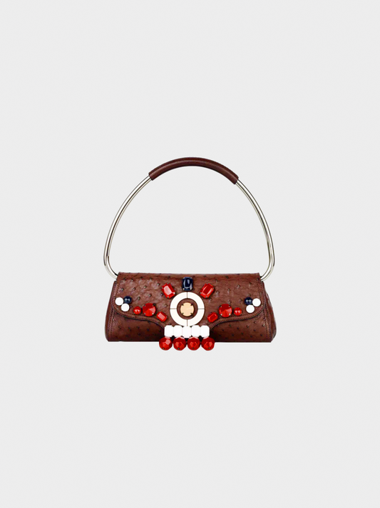 Prada SS 2003 Archival Piece Brown Ostrich Leather Jewel Embellished Swing Bag