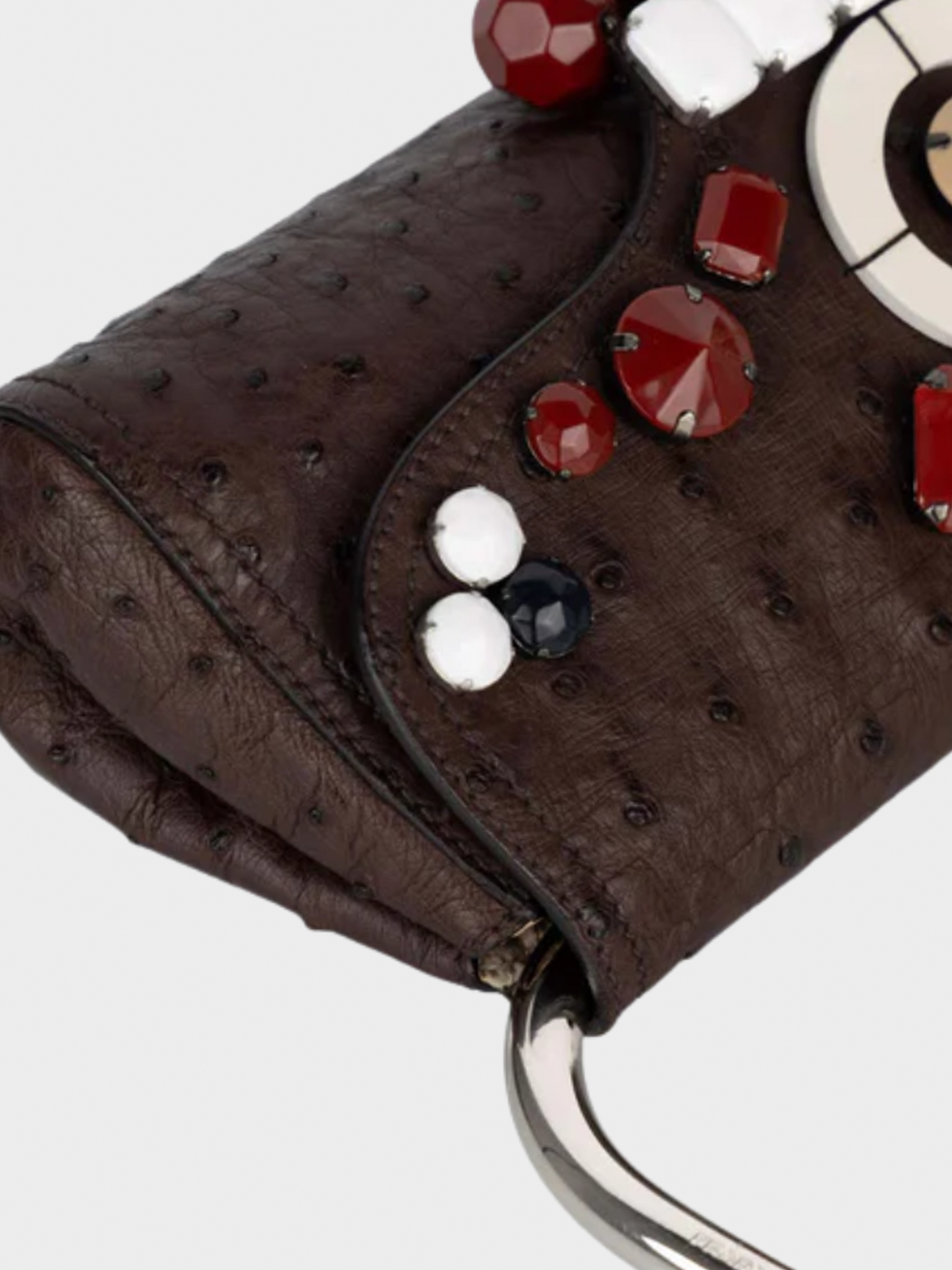 Prada SS 2003 Archival Piece Brown Ostrich Leather Jewel Embellished Swing Bag