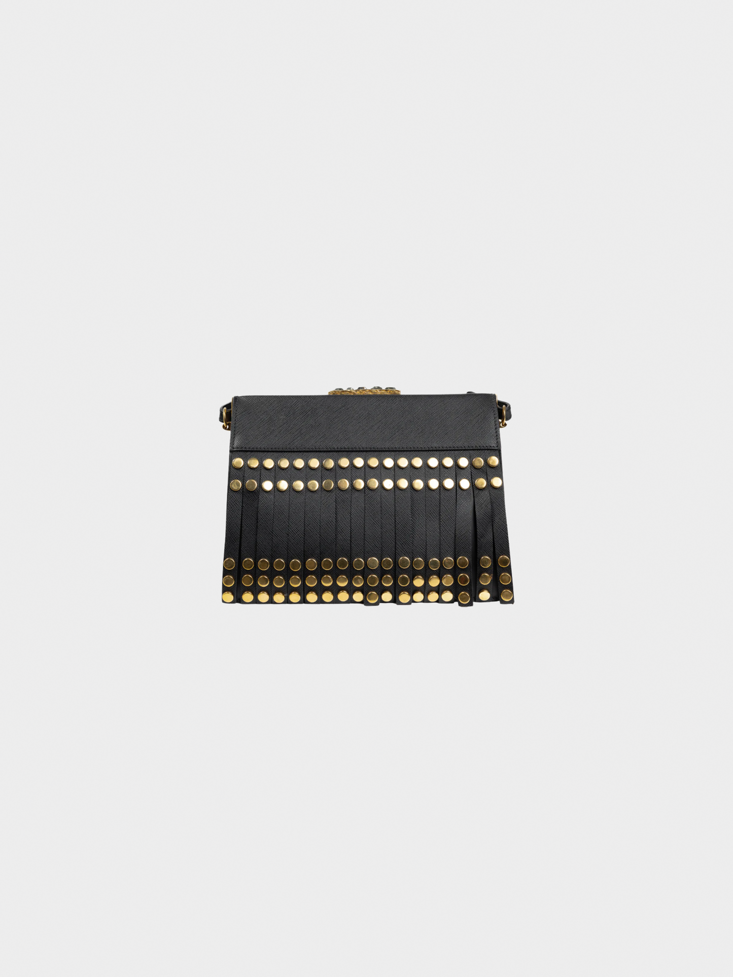 Prada 2000s Black Nero Saffiano Leather Studded Fringe Frame Shoulder Bag