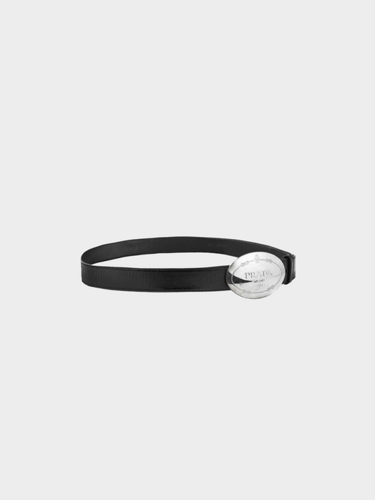 Prada 2000s Black Leather Logo-Engraved Oval-Buckle Belt