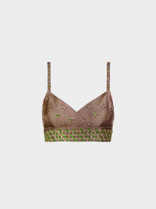 Prada 2000s Brown Beaded Bralette with Rhinestone Details