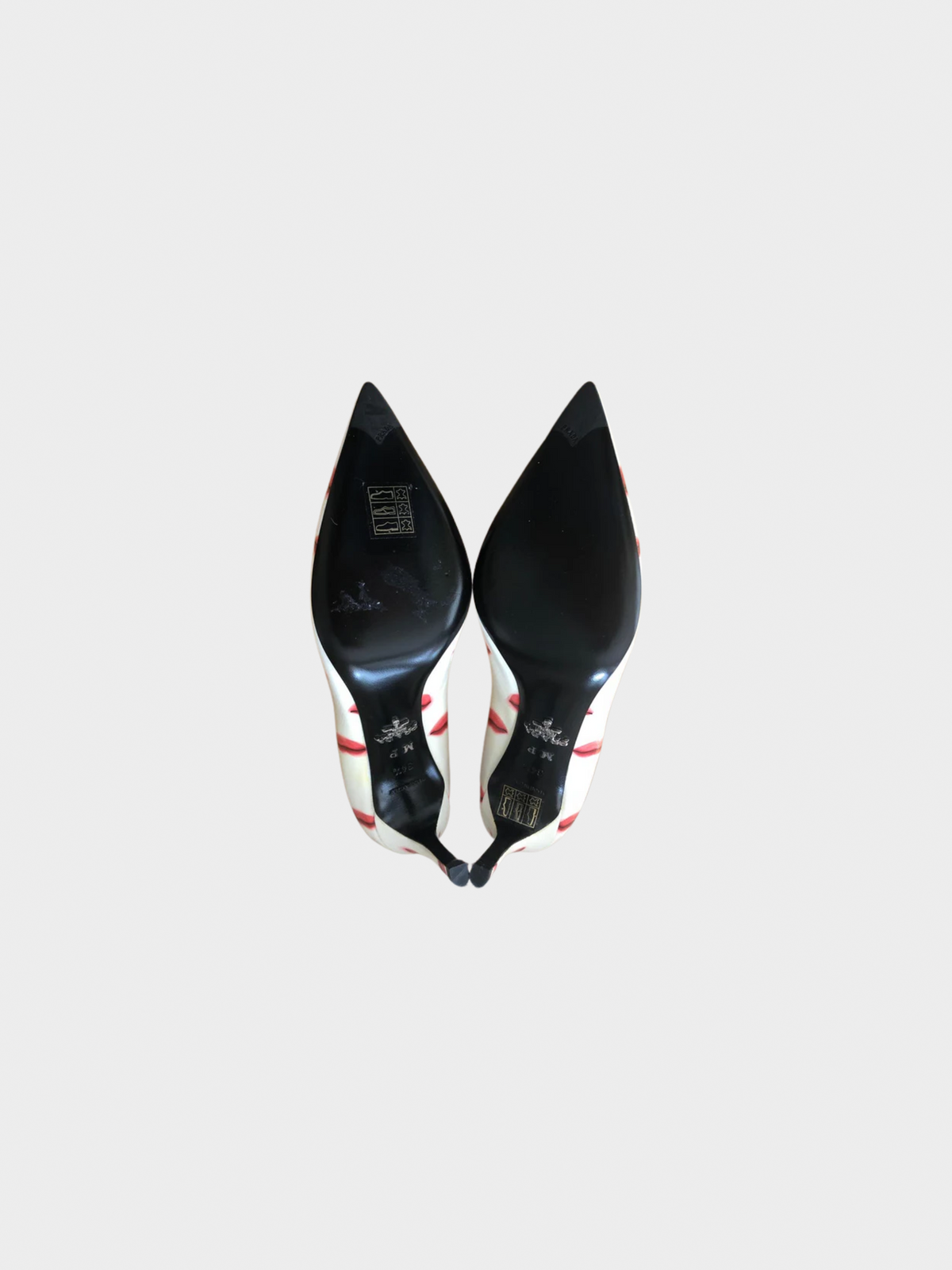 Prada 2016 Beige Leather with Red Lip Print Point Toe Pump Heels