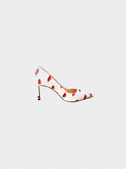 Prada 2016 Beige Leather with Red Lip Print Point Toe Pump Heels