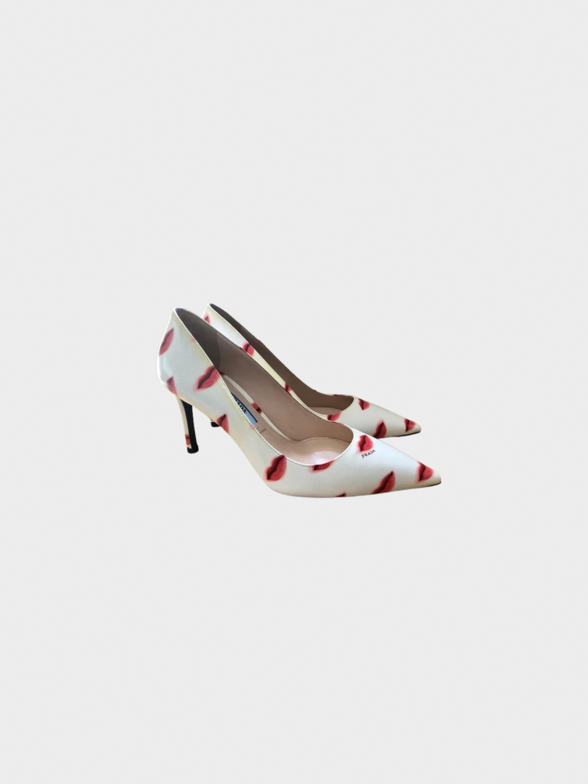 Prada 2016 Beige Leather with Red Lip Print Point Toe Pump Heels
