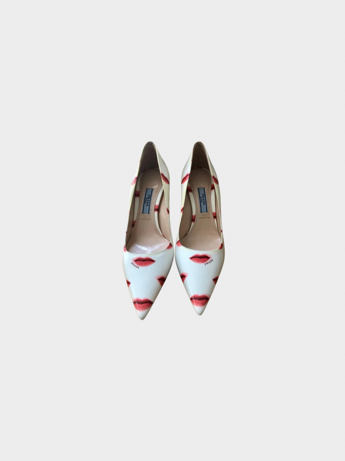 Prada 2016 Beige Leather with Red Lip Print Point Toe Pump Heels