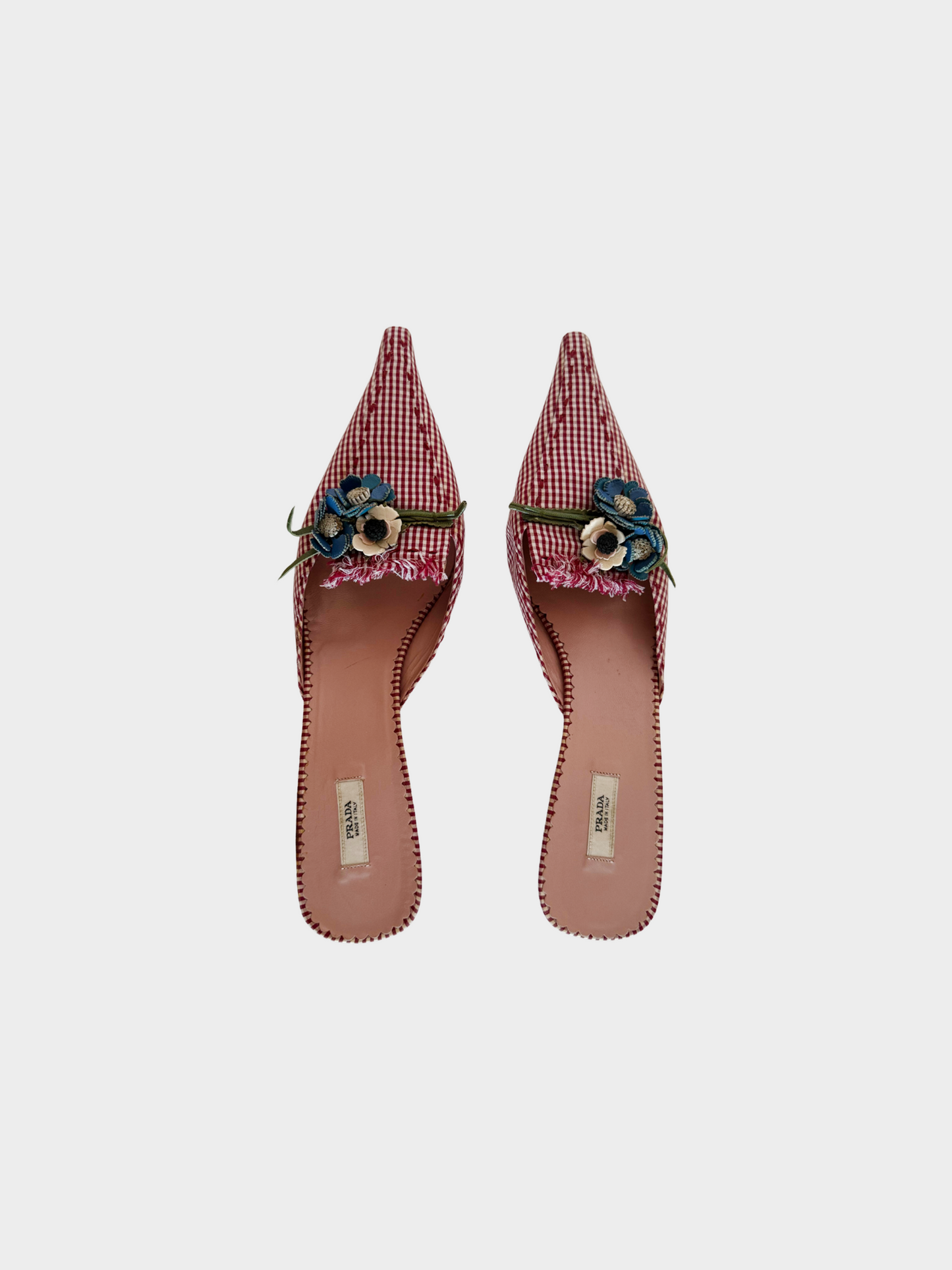 Prada 1990s Red Gingham Print Pointed Toe Mules