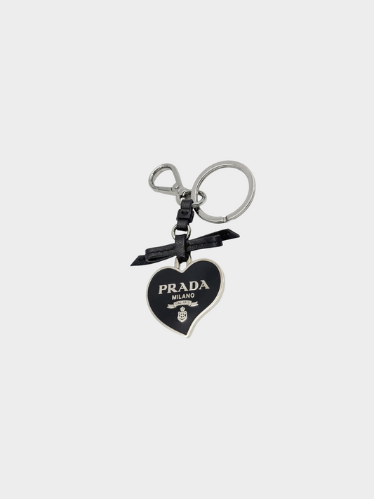 Prada 2000s Black Heart Shaped Logo Plaque with Silver Hardware Keychain