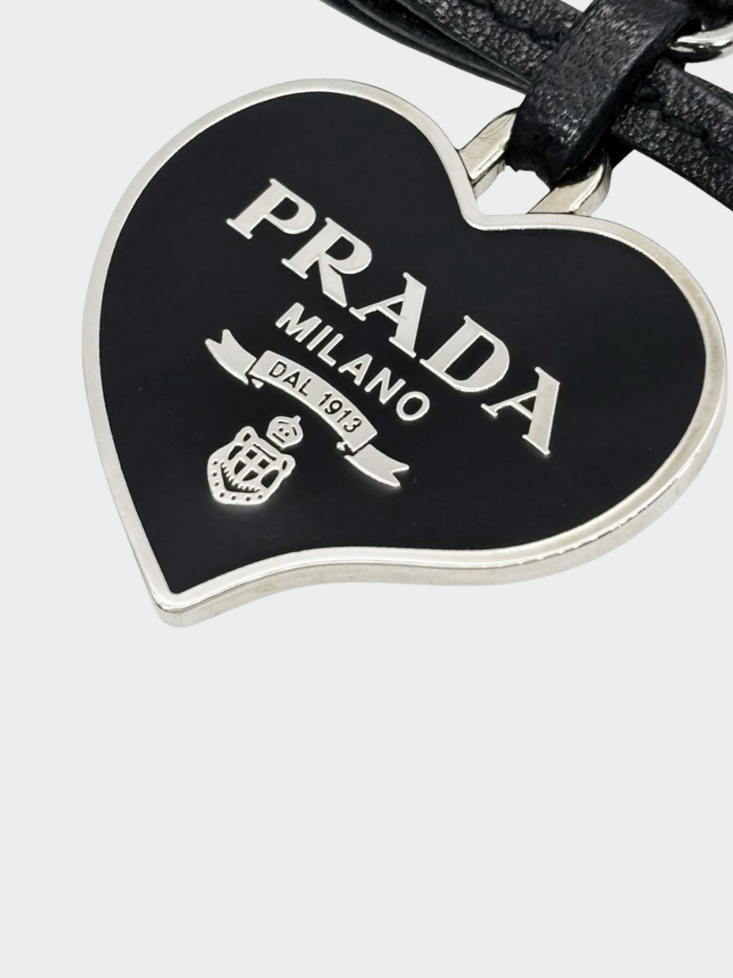 Prada 2000s Black Heart Shaped Logo Plaque with Silver Hardware Keychain