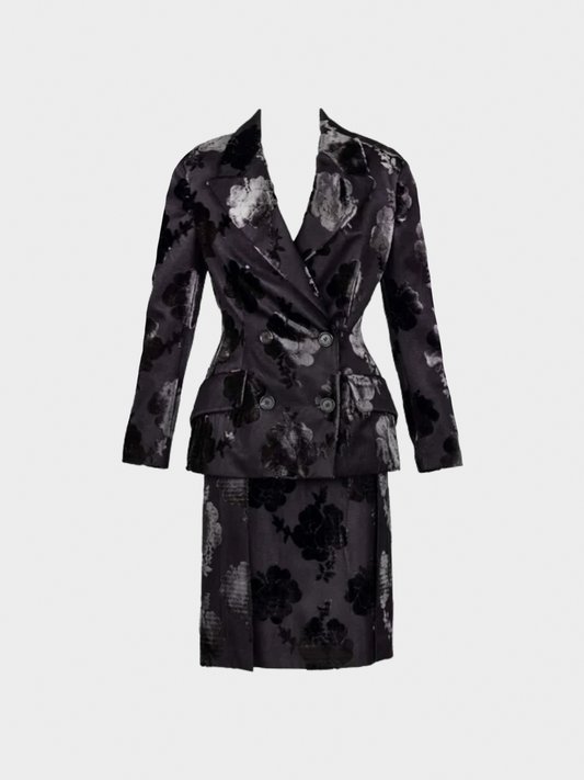 Prada FW 2009 Runway Black Silk Velvet Floral Skirt Suit