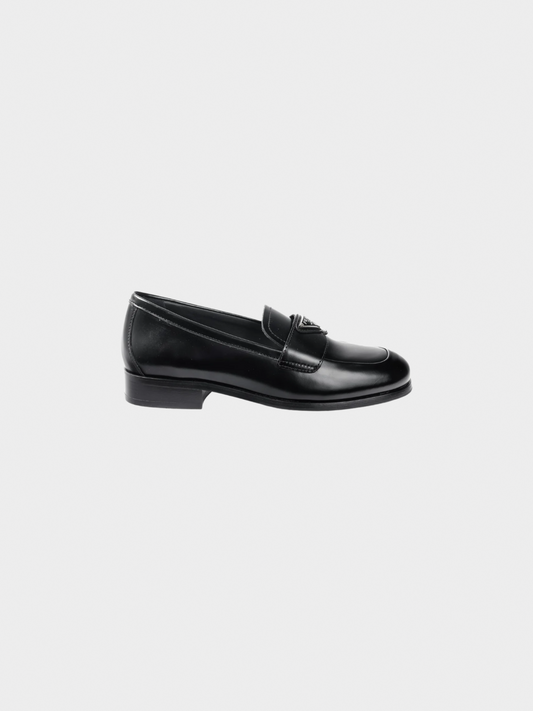 Prada 2010s Nero Spazzolato Brushed Leather Logo Loafers