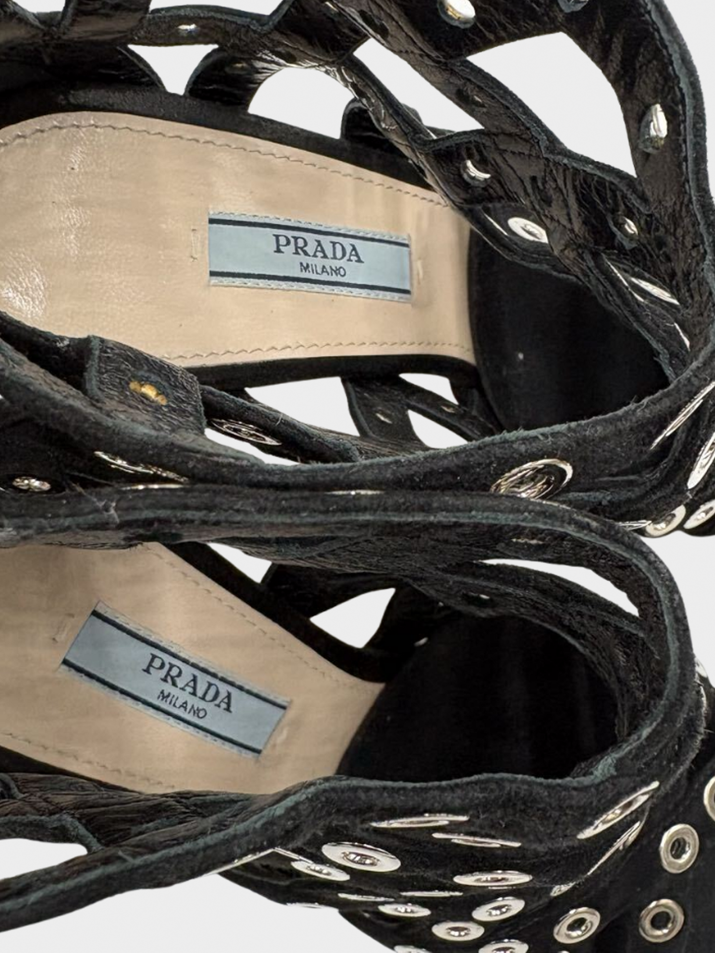 Prada 2000s Black Suede Eyelet Detail Platform Cage Booties