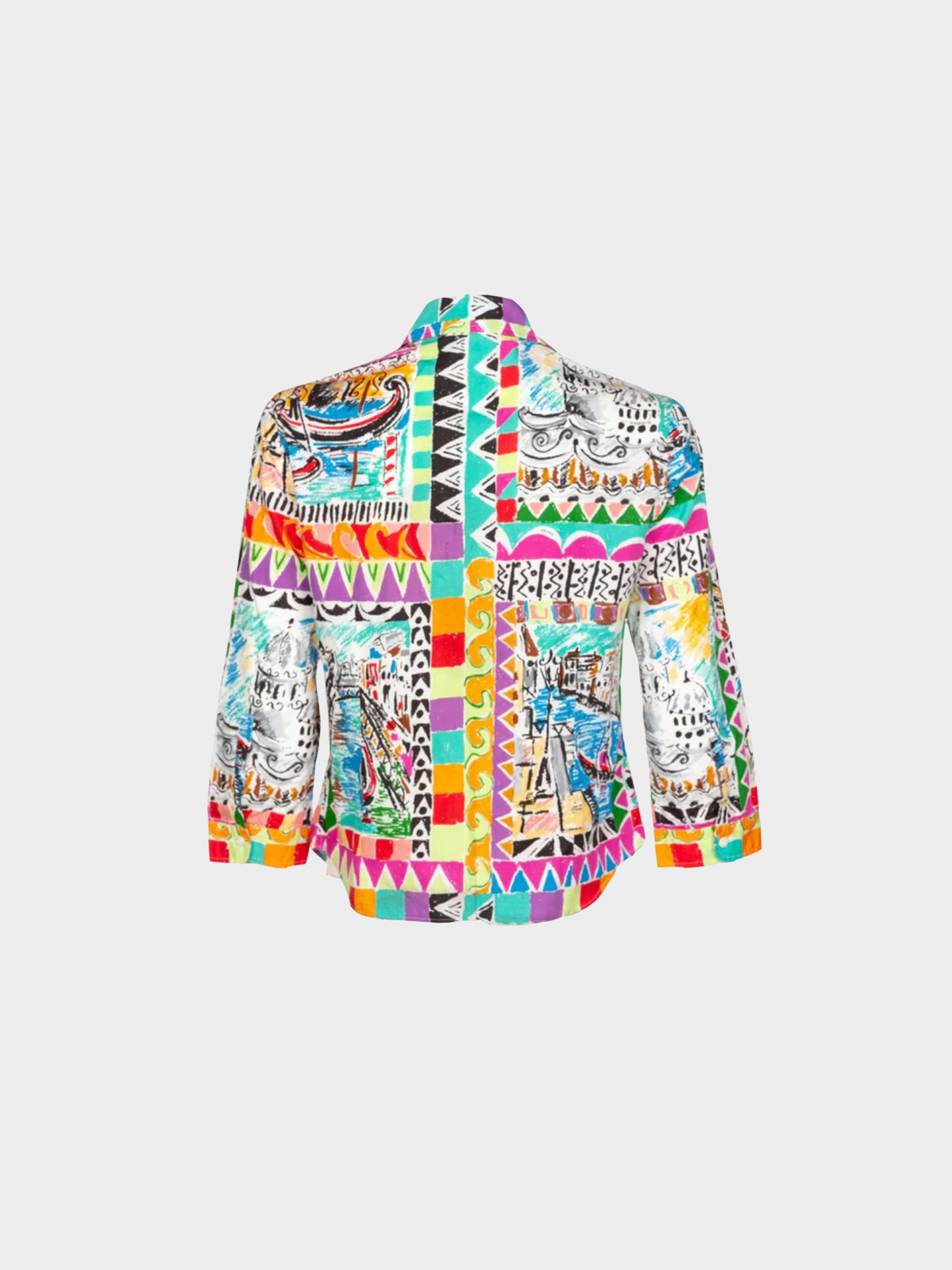 Prada Spring 2004 Postcard Multicolored Print Cotton Blouse Top