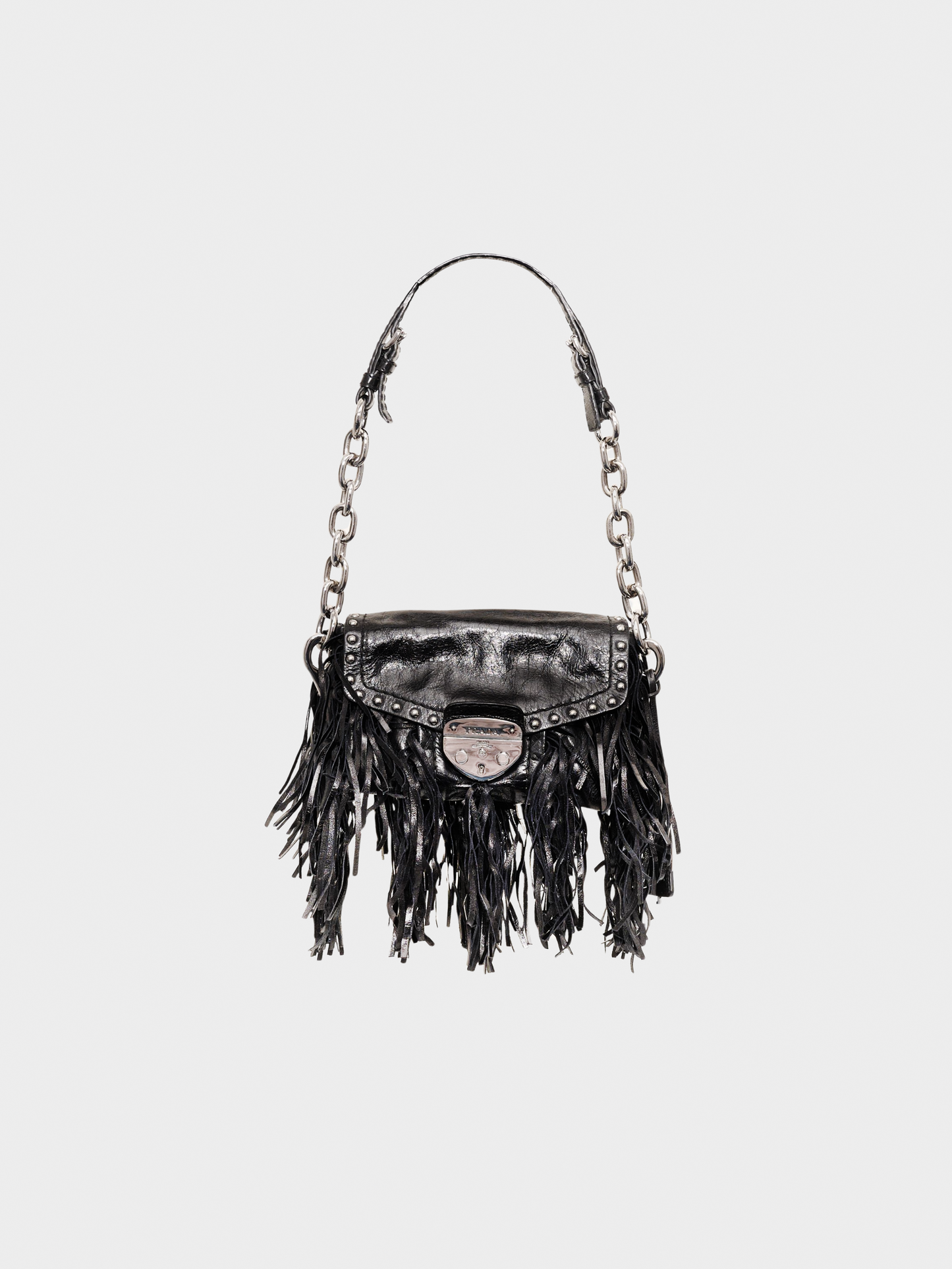 Prada 2000s Black Vitello Shine Leather Fringe Shoulder Bag
