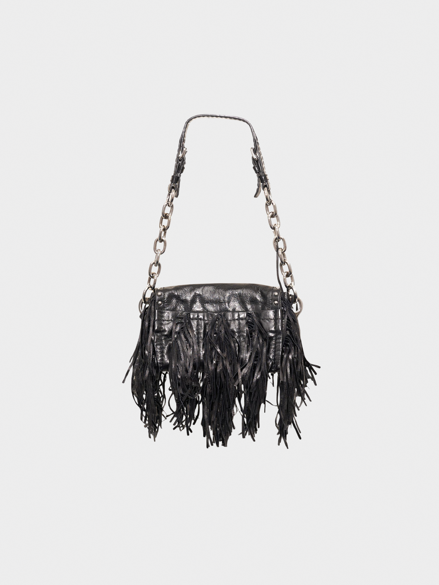 Prada 2000s Black Vitello Shine Leather Fringe Shoulder Bag