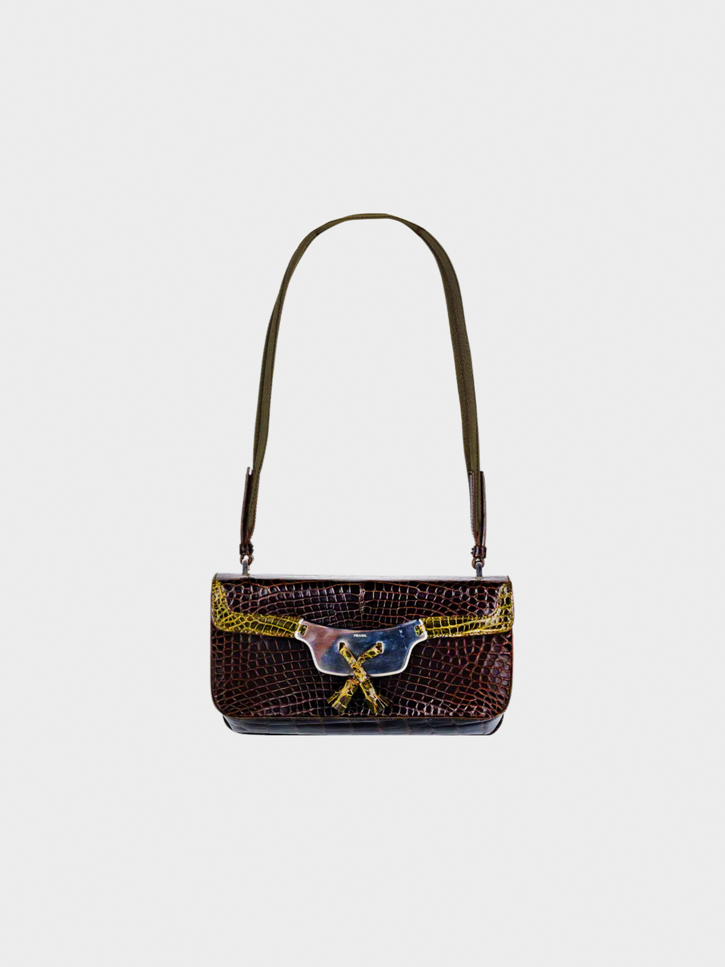 Prada 2000s Brown and Green Crocodile Shoulder Bag