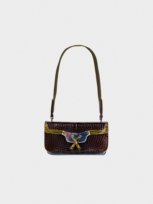 Prada 2000s Brown and Green Crocodile Shoulder Bag