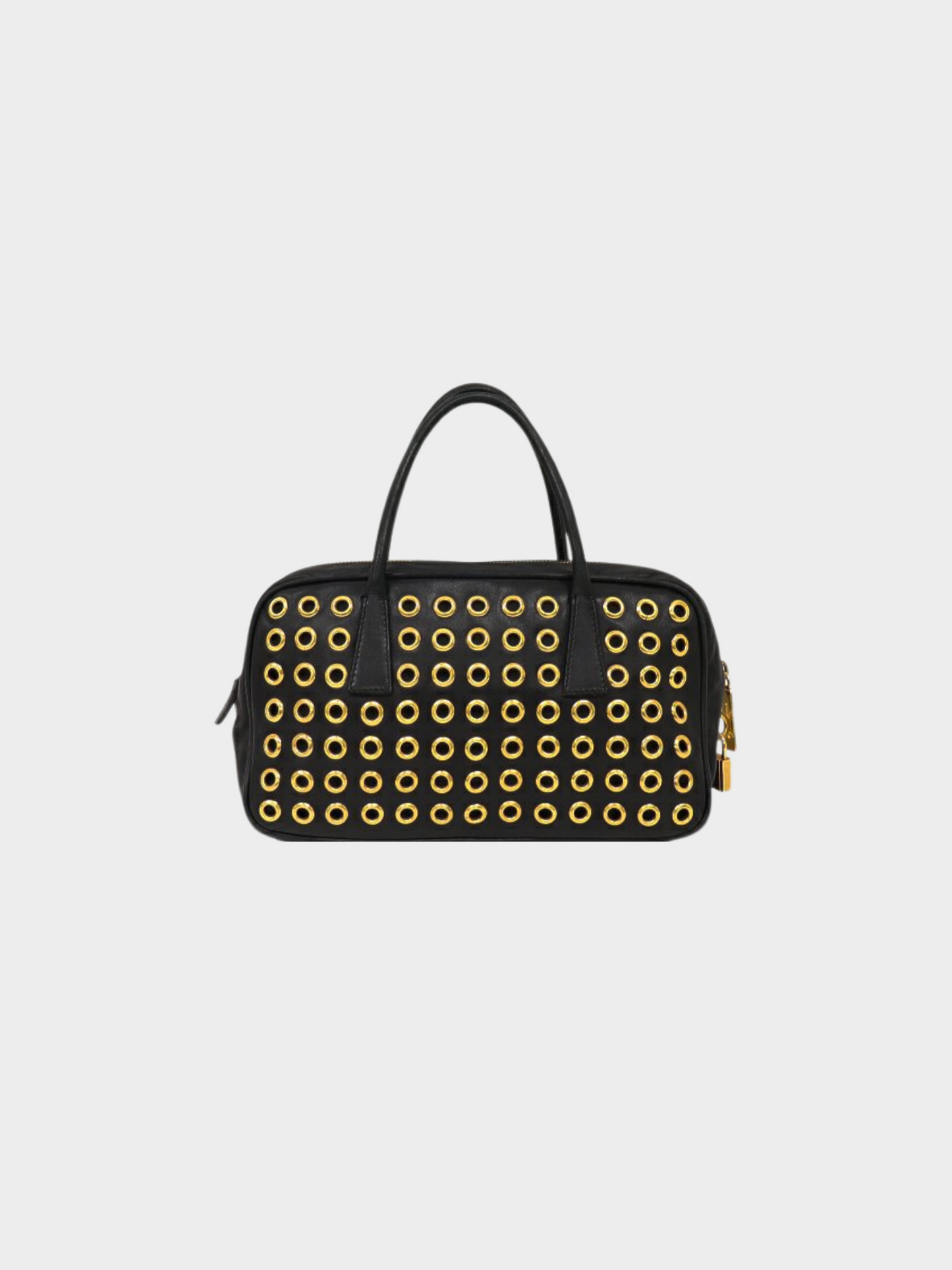 Prada 2000s Black Nappa Grommet Leather Handbag Golden Dark brown