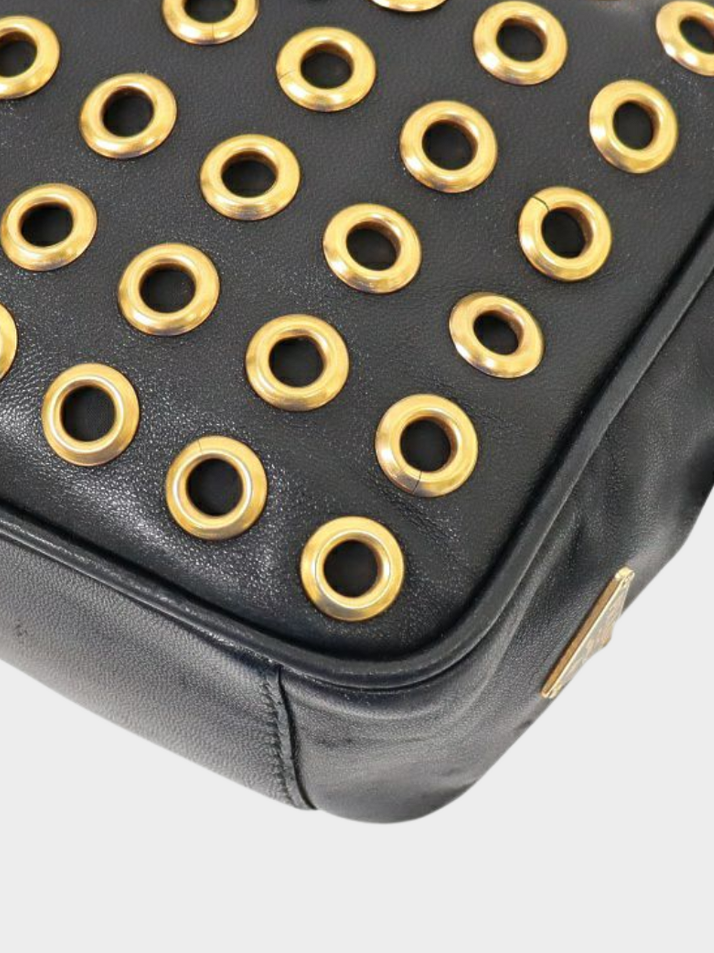 Prada 2000s Black Nappa Grommet Leather Handbag Golden Dark brown