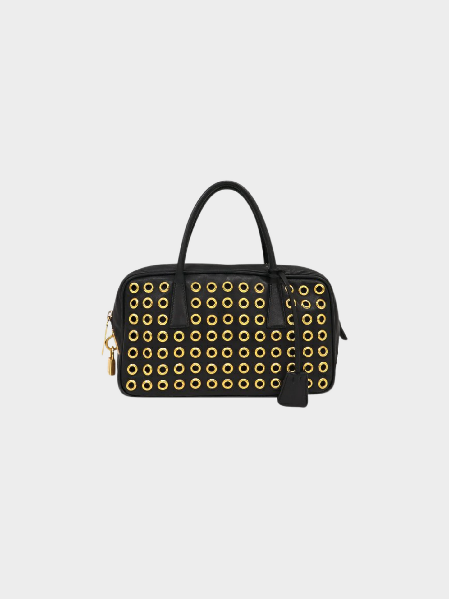 Prada 2000s Black Nappa Grommet Leather Handbag Golden Dark brown