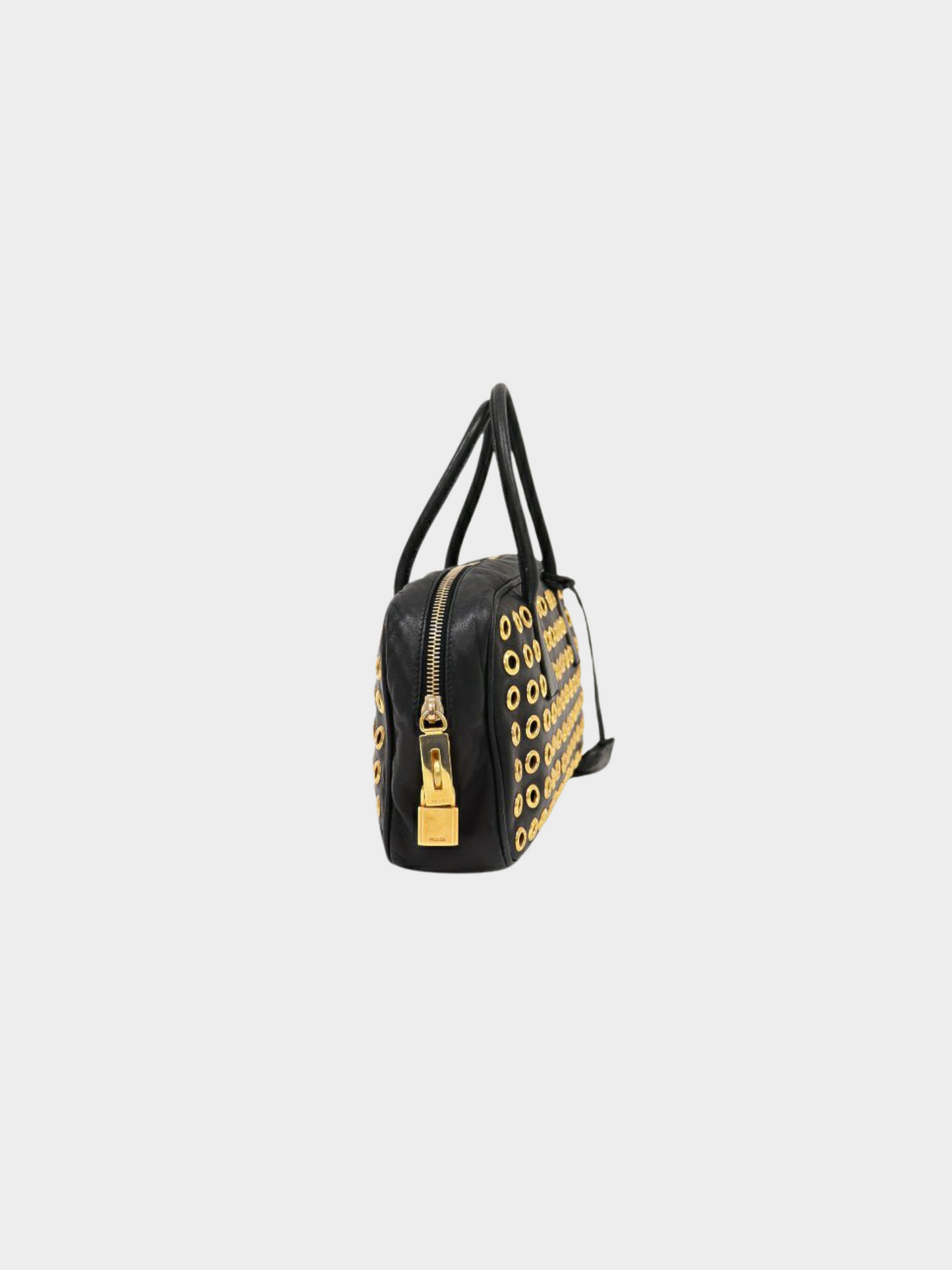 Prada 2000s Black Nappa Grommet Leather Handbag Golden Dark brown