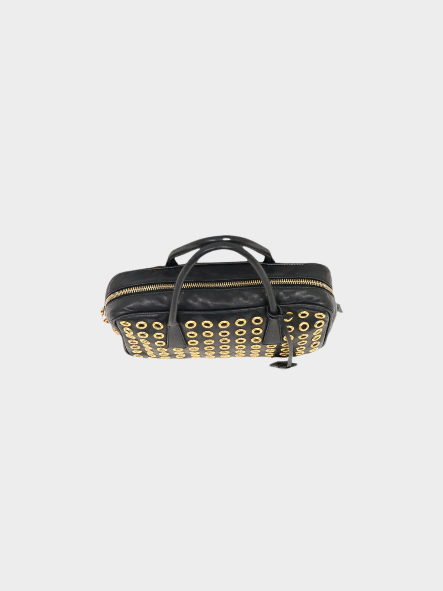 Prada 2000s Black Nappa Grommet Leather Handbag Golden Dark brown