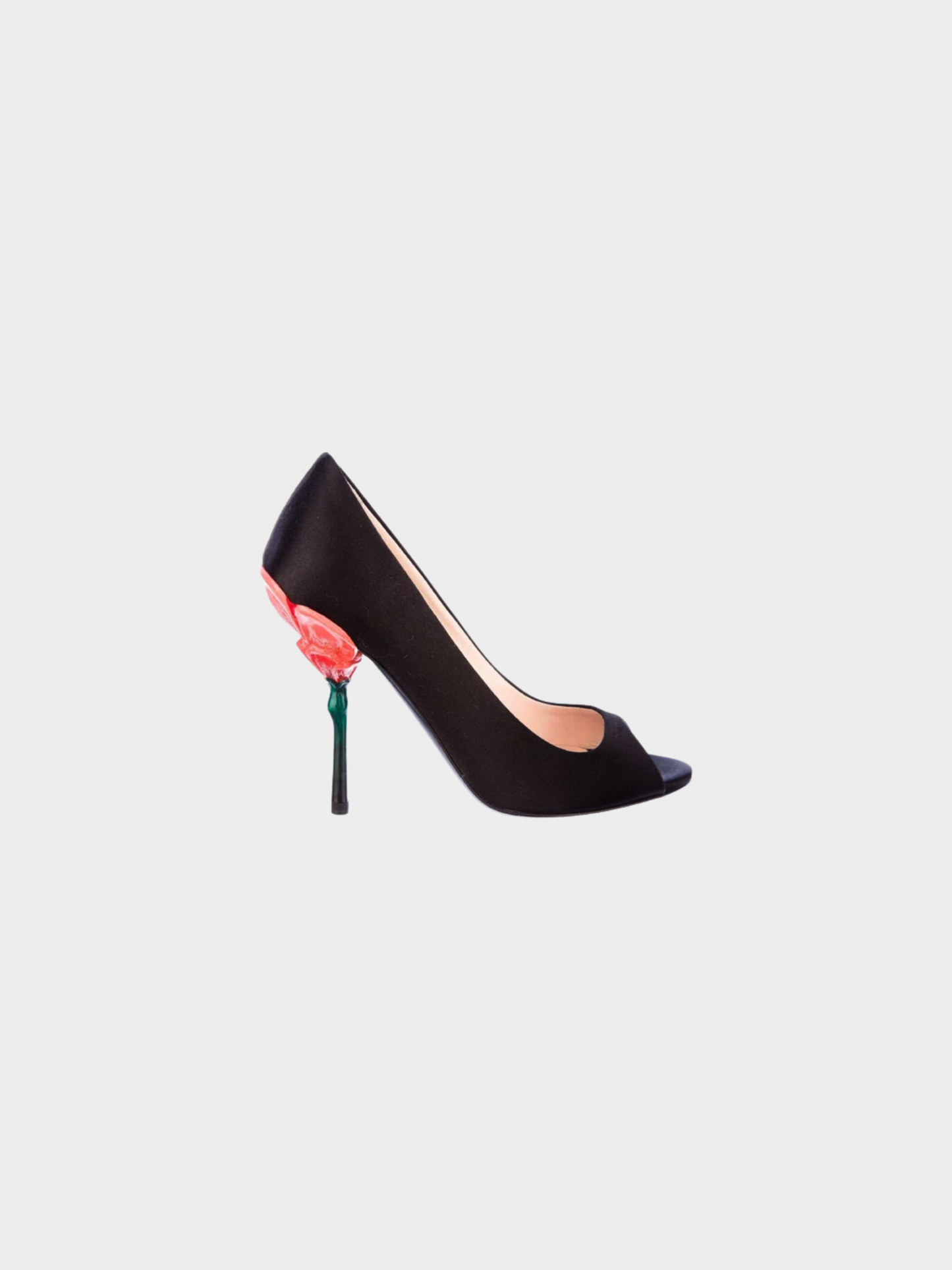 Prada SS 2008 Fairy Collection Black Satin Peep Toe Sculpted Flower Heels