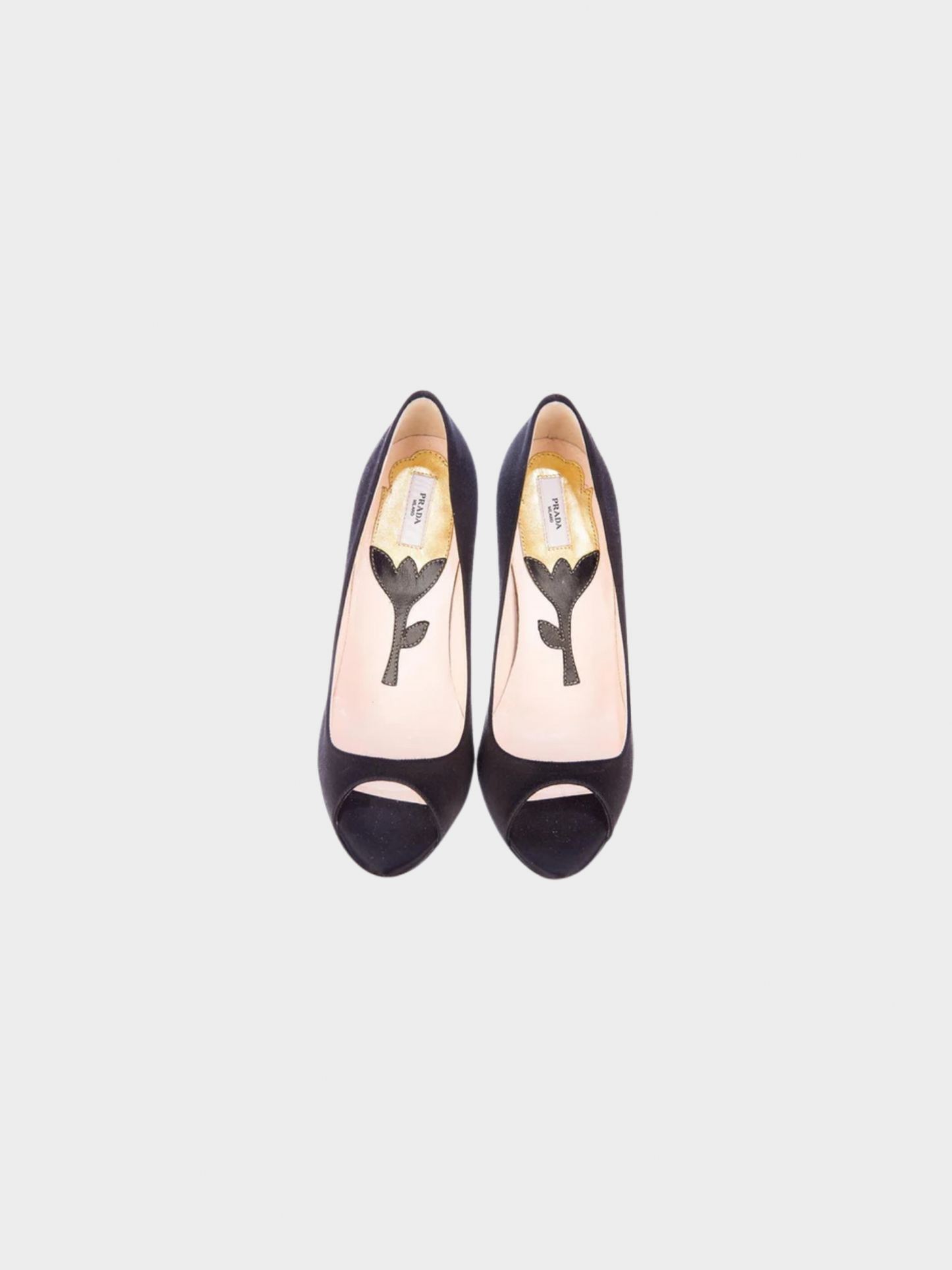 Prada SS 2008 Fairy Collection Black Satin Peep Toe Sculpted Flower Heels
