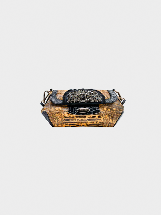 Prada FW 2004 Brown Lizard and Crocodile Crystal Embellished Skipper Shoulder Bag