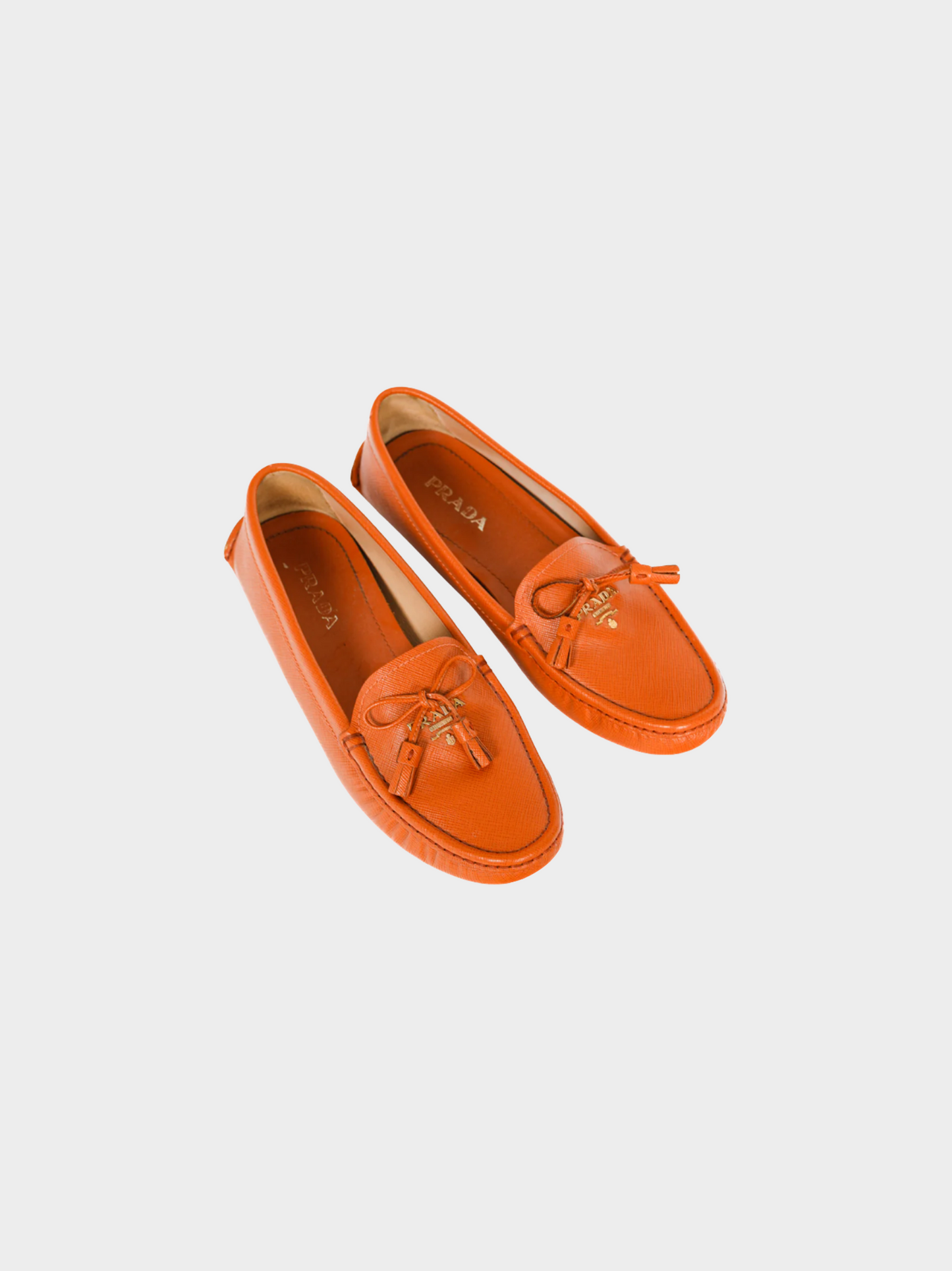 Prada 2000s Orange Saffiano Leather Tassel-Bow Loafers