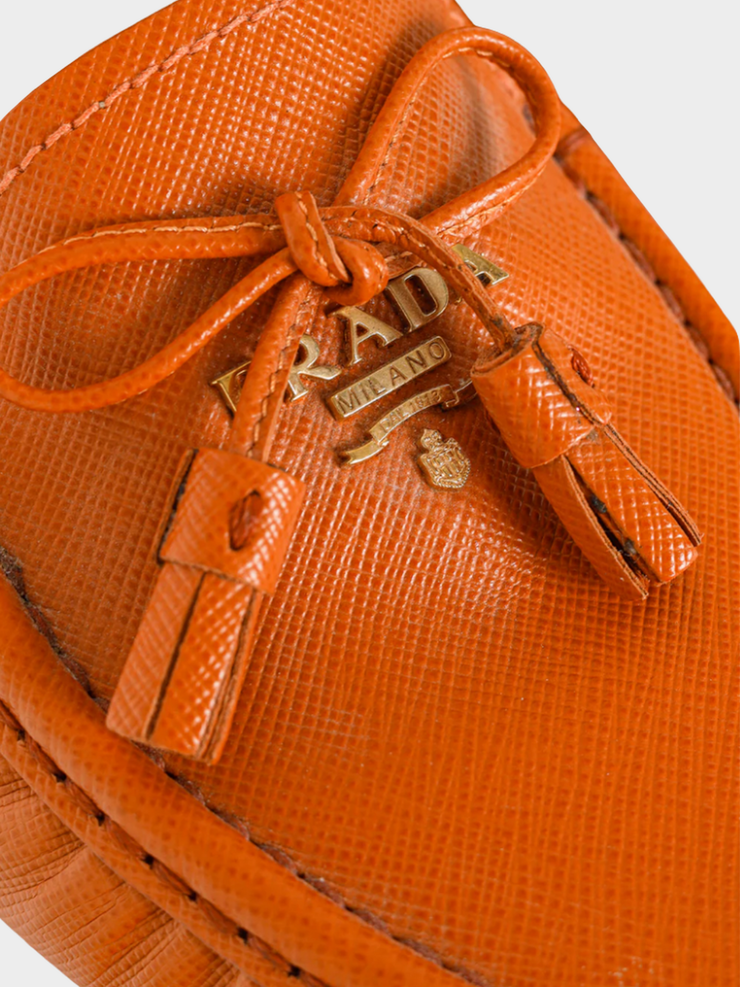 Prada 2000s Orange Saffiano Leather Tassel-Bow Loafers